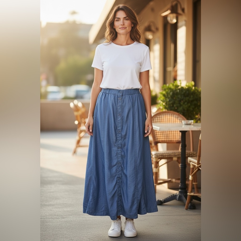 Coldwater Creek Chambray Denim Jean Skirt Size 12 Button Down Cowgirl Western